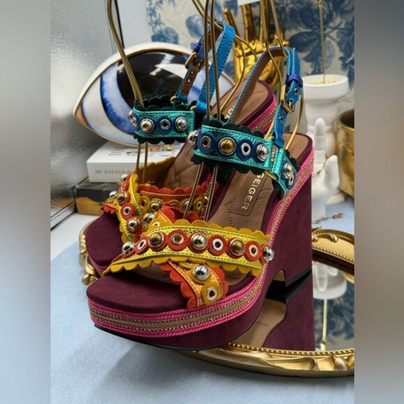 🆕 KURT GEIGER LONDON 🧿 NWOB Scalloped Stud X Wedge Heel Multicolor - Sz 37 US7 - Picture 8 of 12